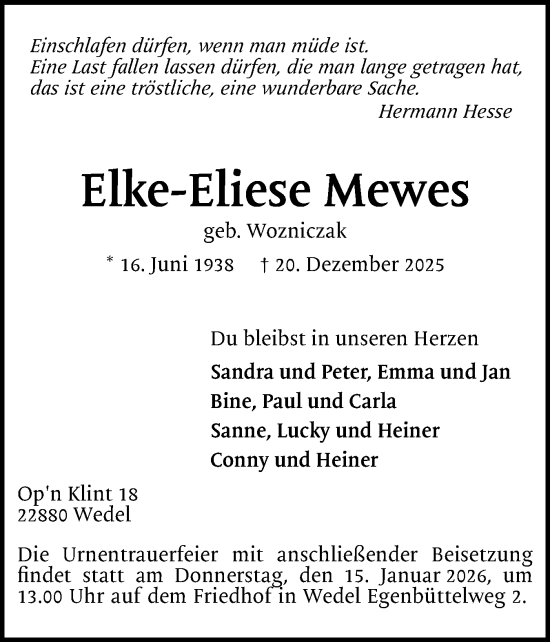 Traueranzeige von Elke-Eliese Mewes von Wedel-Schulauer Tageblatt, tip Wedel-Schulauer Tageblatt, tip Rissener Rundschau