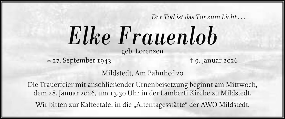  Traueranzeige für Elke Frauenlob vom 22.01.2026 aus Husumer Nachrichten, Nordfriesland Tageblatt