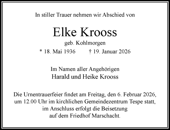 Traueranzeige von Elke Krooss von Wochenend Anzeiger