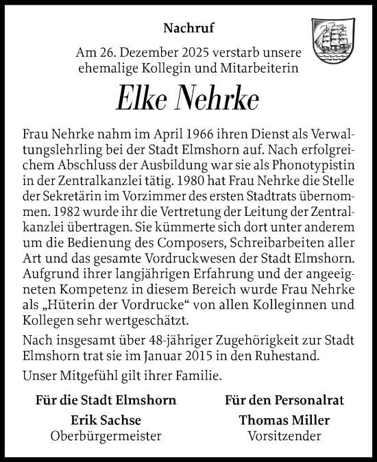 Traueranzeige von Elke Nehrke von Elmshorner Nachrichten, Barmstedter Zeitung