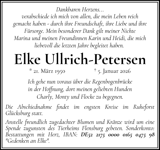 Traueranzeige von Elke Ullrich-Petersen von Flensburger Tageblatt