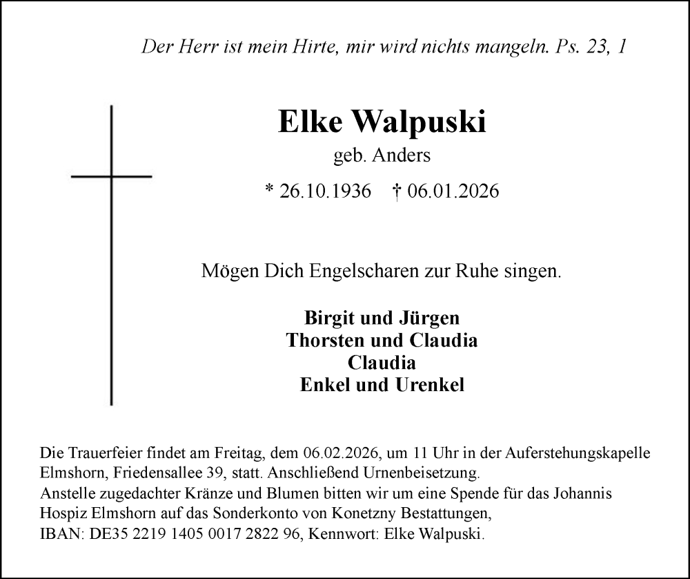  Traueranzeige für Elke Walpuski vom 24.01.2026 aus Elmshorner Nachrichten, Barmstedter Zeitung