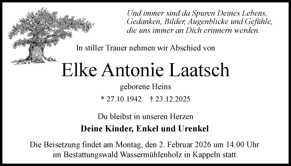  Traueranzeige für Elke Antonie Laatsch vom 24.01.2026 aus Schleswiger Nachrichten, Schlei-Bote