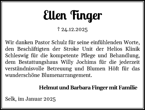 Traueranzeige von Ellen Finger von Schleswiger Nachrichten, Schlei-Bote