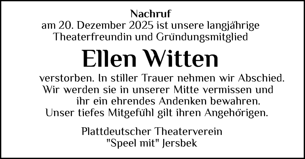  Traueranzeige für Ellen Witten vom 10.01.2026 aus Stormarner Tageblatt