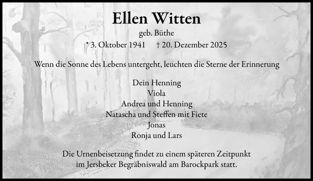 Traueranzeige für Ellen Witten vom 03.01.2026 aus MARKT Ahrensburg/Bargteheide/Trittau und Stormarner Tageblatt