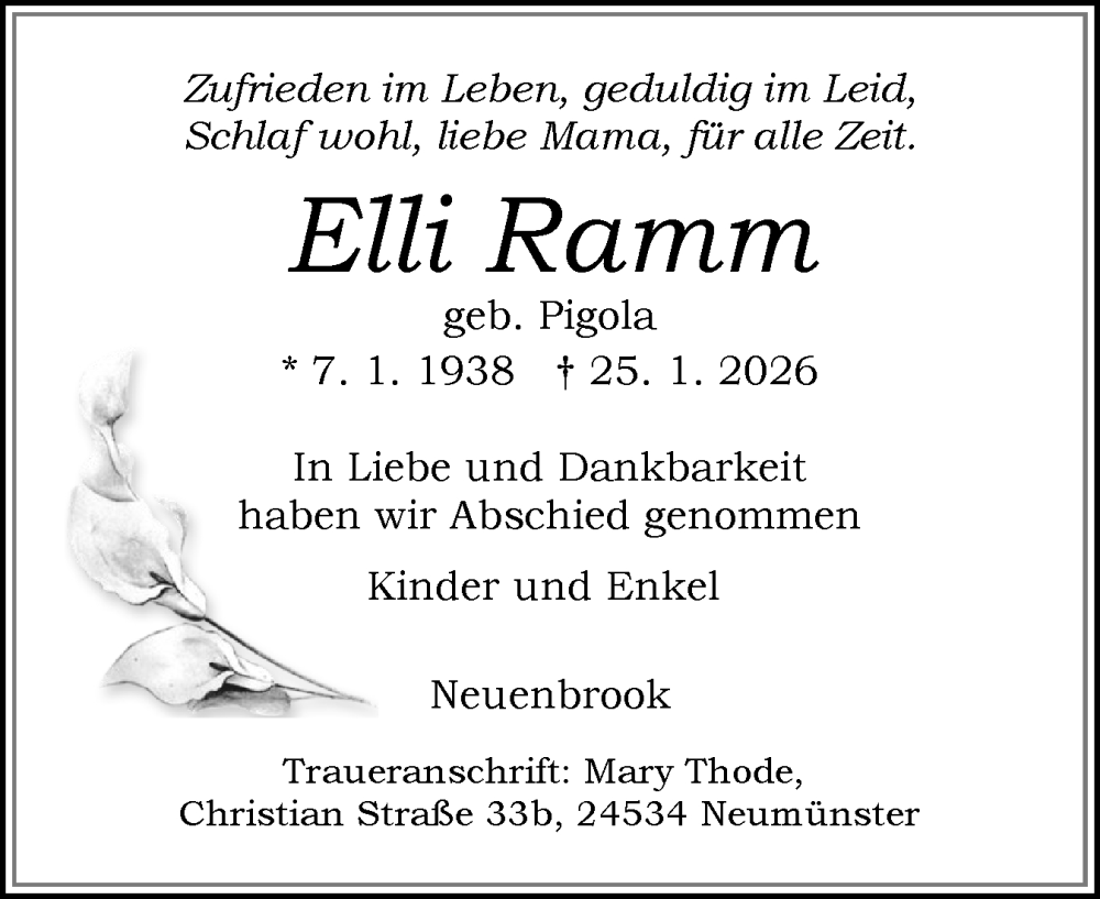  Traueranzeige für Elli Ramm vom 31.01.2026 aus Norddeutsche Rundschau, Wilstersche Zeitung, Glückstädter Fortuna