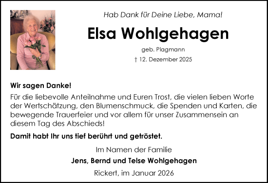 Traueranzeige von Elsa Wohlgehagen von Schleswig-Holsteinische Landeszeitung