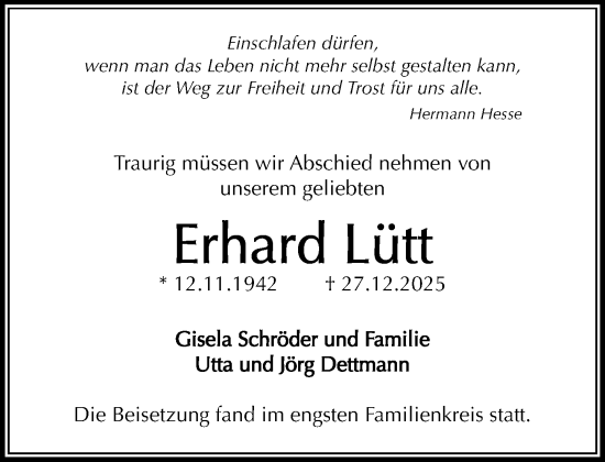 Traueranzeige von Erhard Lütt von MARKT Ahrensburg/Bargteheide/Trittau und Stormarner Tageblatt