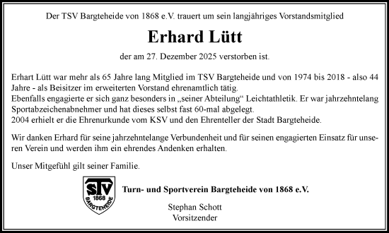 Traueranzeige von Erhard Lütt von MARKT Ahrensburg/Bargteheide/Trittau und Stormarner Tageblatt