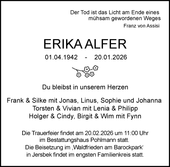 Traueranzeige von Erika Alfer von Heimatspiegel
