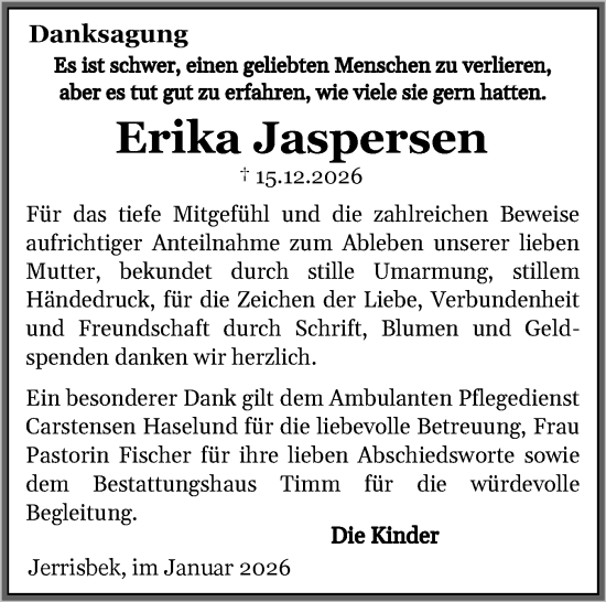 Traueranzeige von Erika Jaspersen von Flensburger Tageblatt, Schleswiger Nachrichten, Schlei-Bote