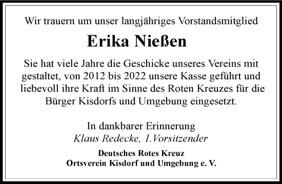 Traueranzeige von Erika Nießen von Umschau