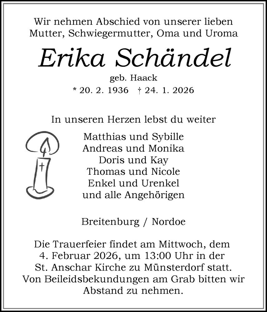  Traueranzeige für Erika Schändel vom 31.01.2026 aus Norddeutsche Rundschau, Wilstersche Zeitung, Glückstädter Fortuna