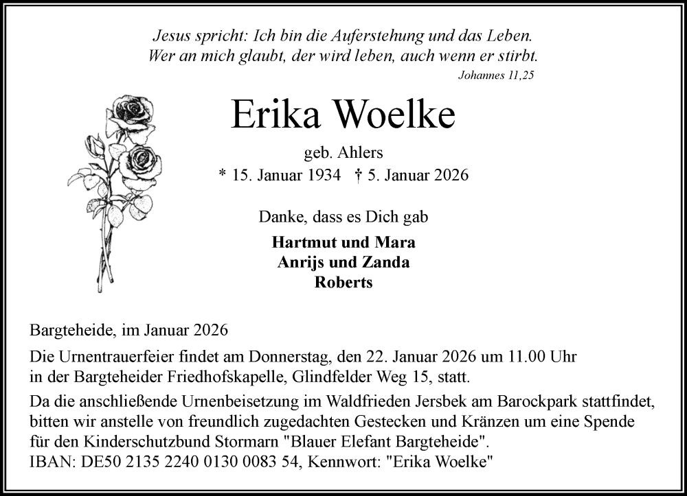  Traueranzeige für Erika Woelke vom 17.01.2026 aus MARKT Ahrensburg/Bargteheide/Trittau und Stormarner Tageblatt