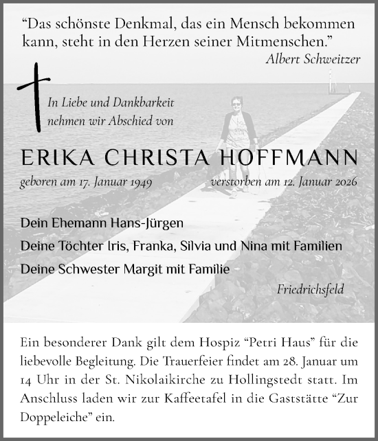 Traueranzeige von Erika Christa Hoffmann von Schleswiger Nachrichten, Schlei-Bote