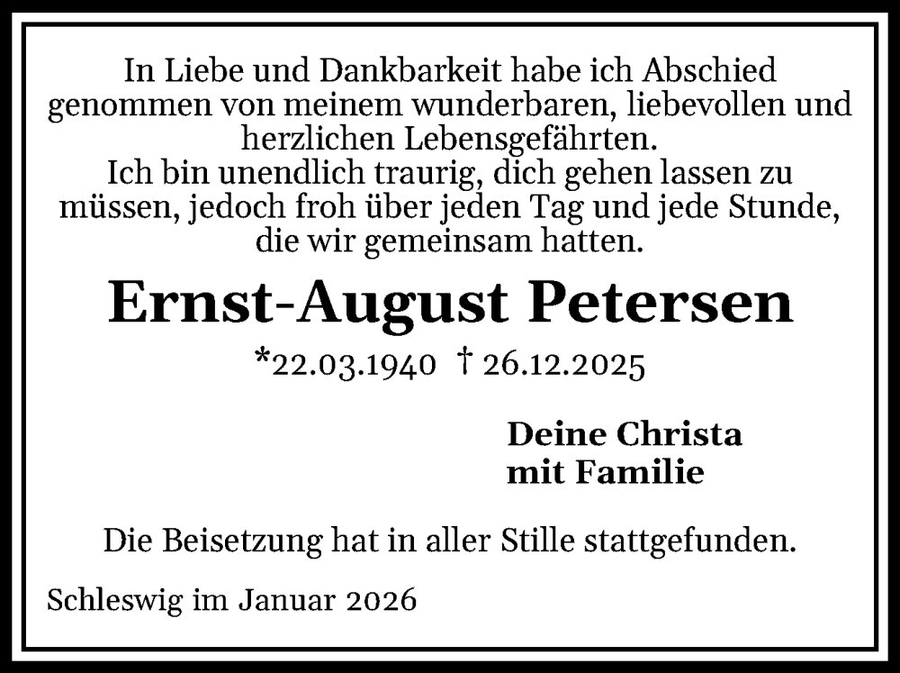  Traueranzeige für Ernst-August Petersen vom 17.01.2026 aus Die WochenSchau Gesamtausgabe
