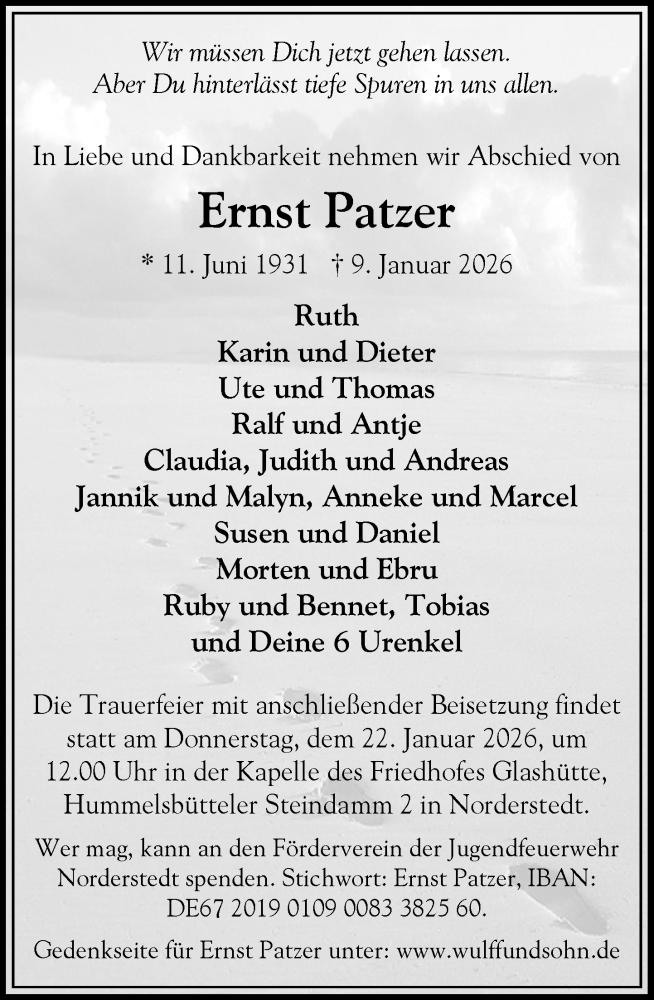  Traueranzeige für Ernst Patzer vom 17.01.2026 aus Heimatspiegel