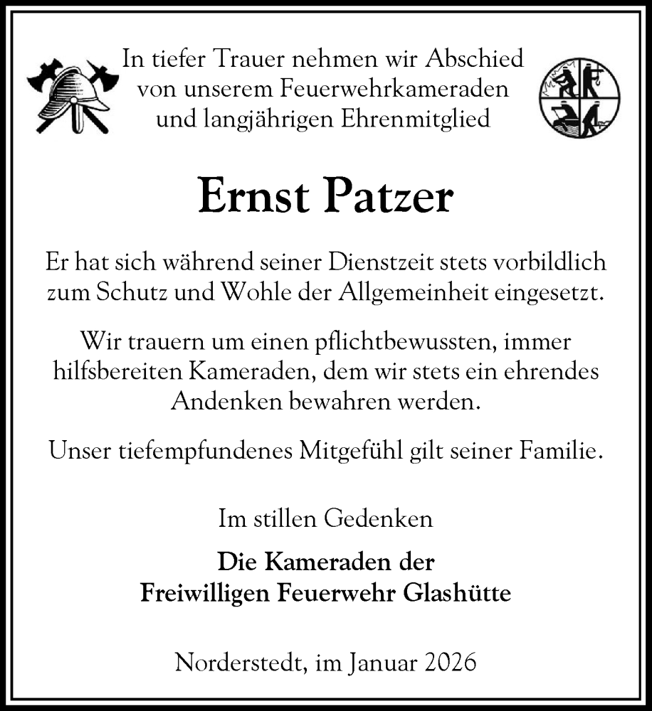  Traueranzeige für Ernst Patzer vom 17.01.2026 aus Heimatspiegel