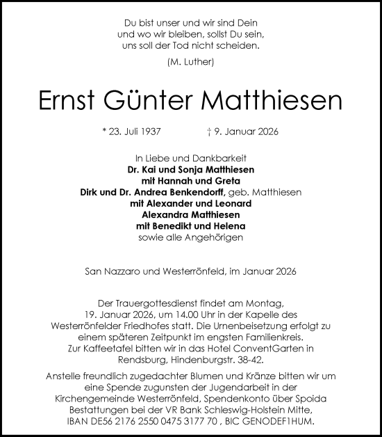 Traueranzeige von Ernst Günter Matthiesen von Schleswig-Holsteinische Landeszeitung