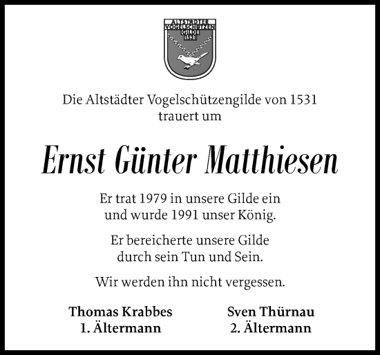 Traueranzeige von Ernst Günter Matthiesen von Schleswig-Holsteinische Landeszeitung