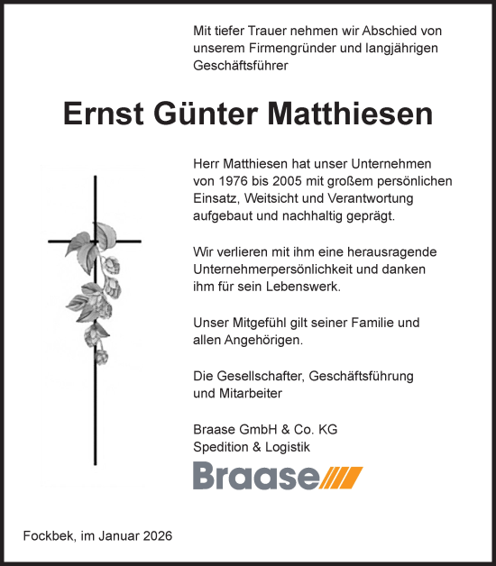 Traueranzeige von Ernst Günter Matthiesen von Schleswig-Holsteinische Landeszeitung