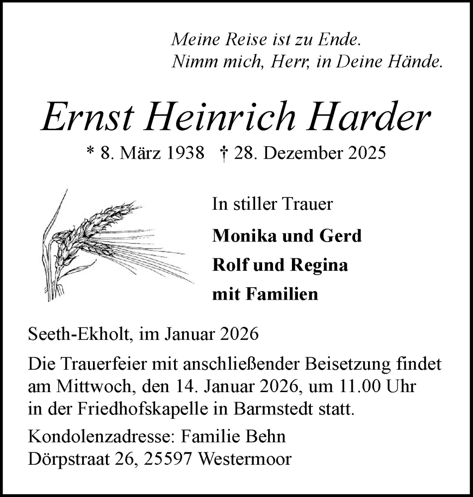  Traueranzeige für Ernst Heinrich Harder vom 10.01.2026 aus Elmshorner Nachrichten, Barmstedter Zeitung
