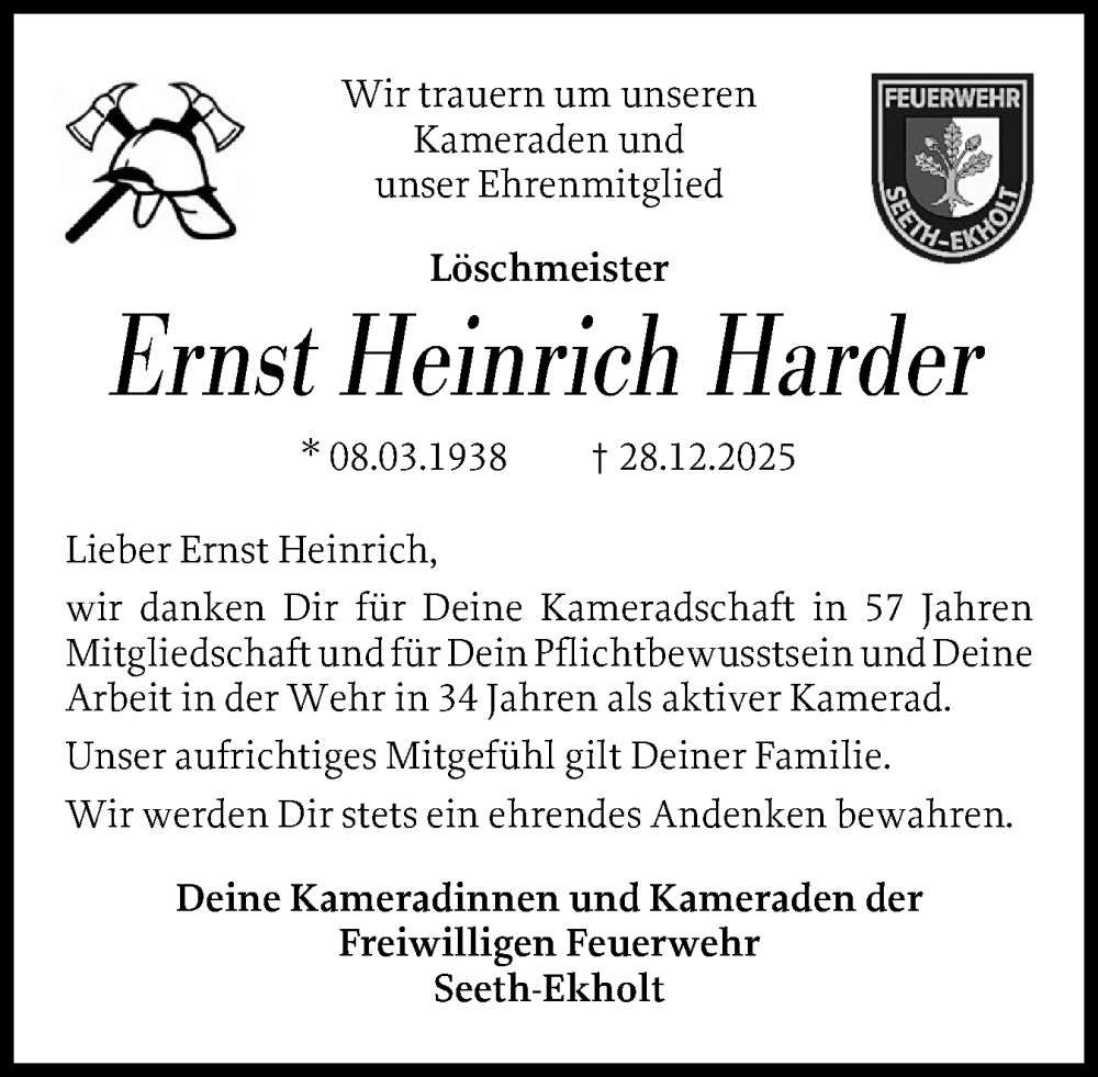  Traueranzeige für Ernst Heinrich Harder vom 10.01.2026 aus Elmshorner Nachrichten, Barmstedter Zeitung