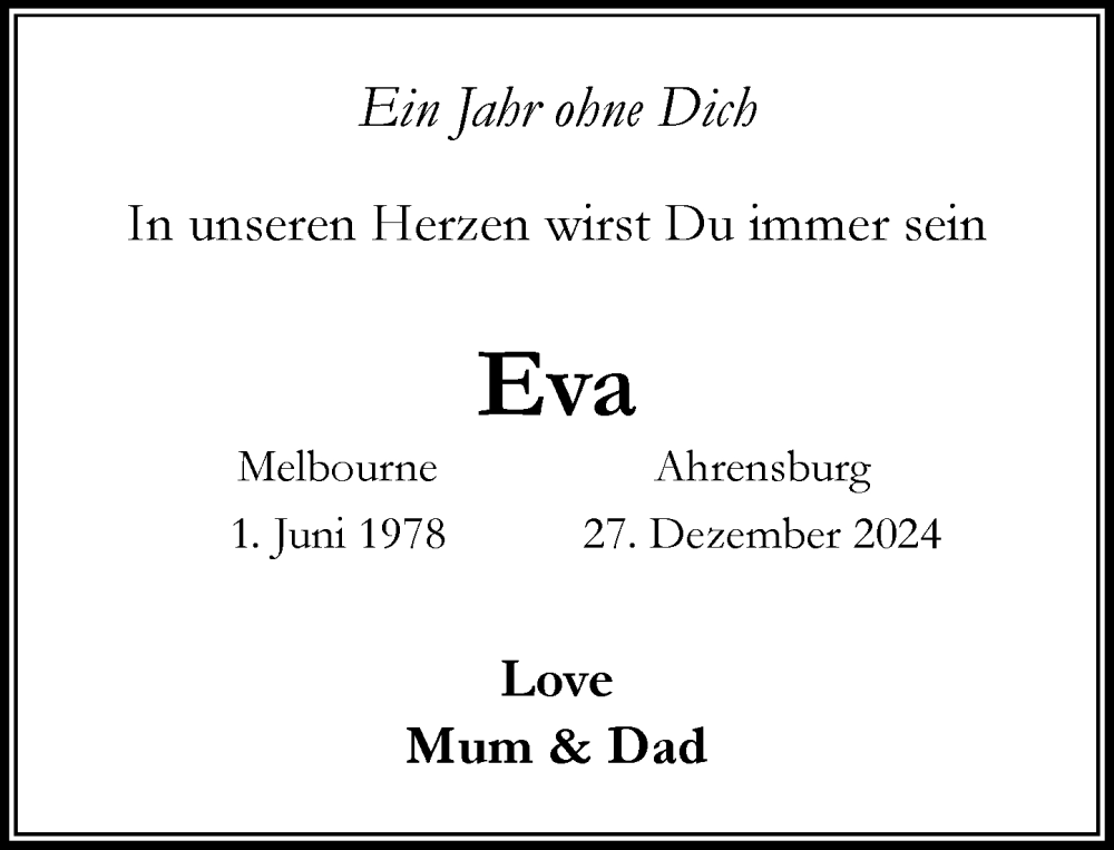  Traueranzeige für Eva  vom 10.01.2026 aus MARKT Ahrensburg/Bargteheide/Trittau und Stormarner Tageblatt