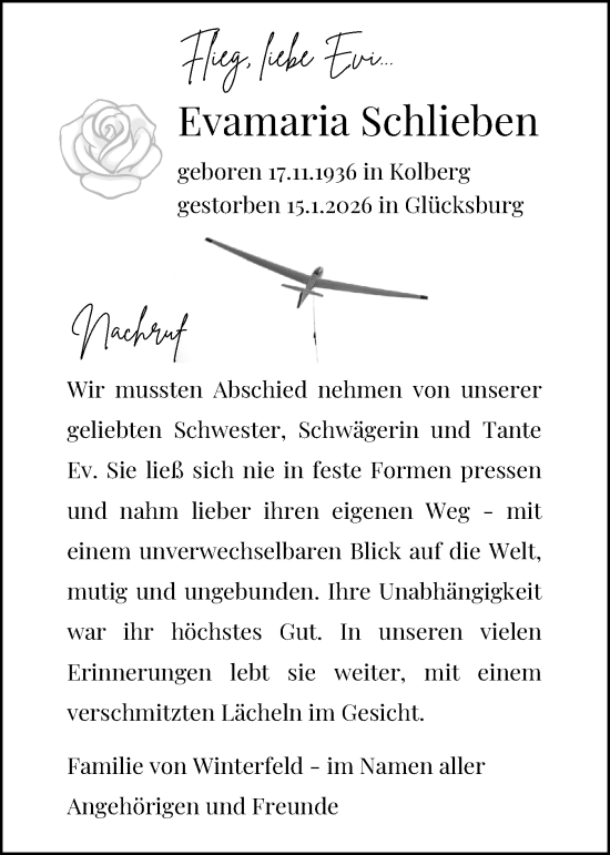 Traueranzeige von Evamaria Schlieben von Flensburger Tageblatt