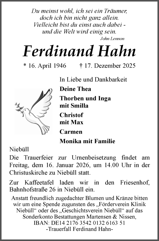 Traueranzeige von Ferdinand Hahn von Husumer Nachrichten, Nordfriesland Tageblatt