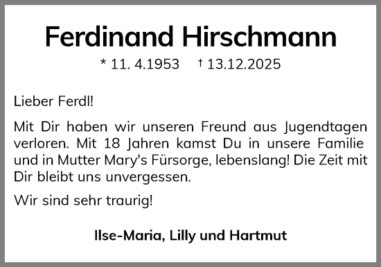 Traueranzeige von Ferdinand Hirschmann von Eckernförder Zeitung, Hallo Eckernförde