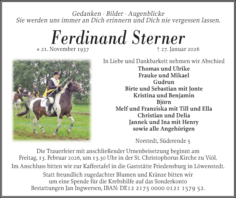  Traueranzeige für Ferdinand Sterner vom 31.01.2026 aus Husumer Nachrichten, Nordfriesland Tageblatt