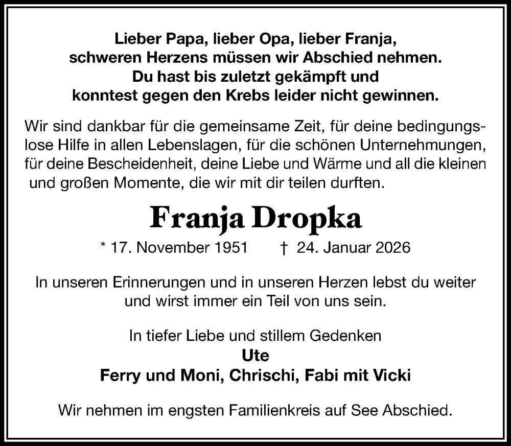  Traueranzeige für Franja Dropka vom 31.01.2026 aus Wochenend Anzeiger