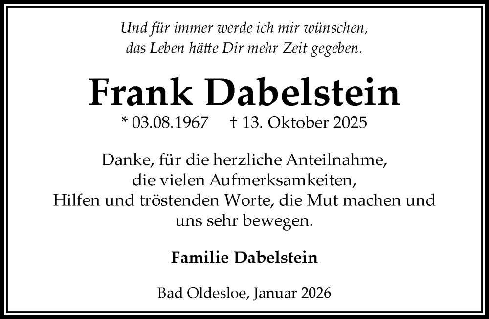  Traueranzeige für Frank Dabelstein vom 10.01.2026 aus MARKT Bad Oldesloe/Reinfeld und Stormarner Tageblatt