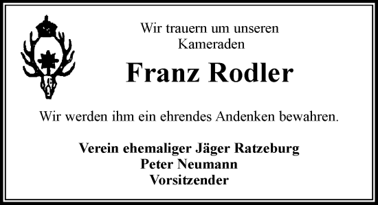 Traueranzeige von Franz Rodler von MARKT Ratzeburg/Mölln