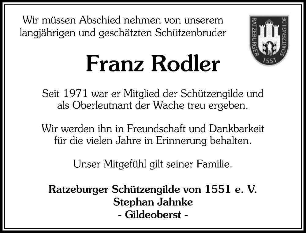  Traueranzeige für Franz Rodler vom 31.01.2026 aus MARKT Ratzeburg/Mölln