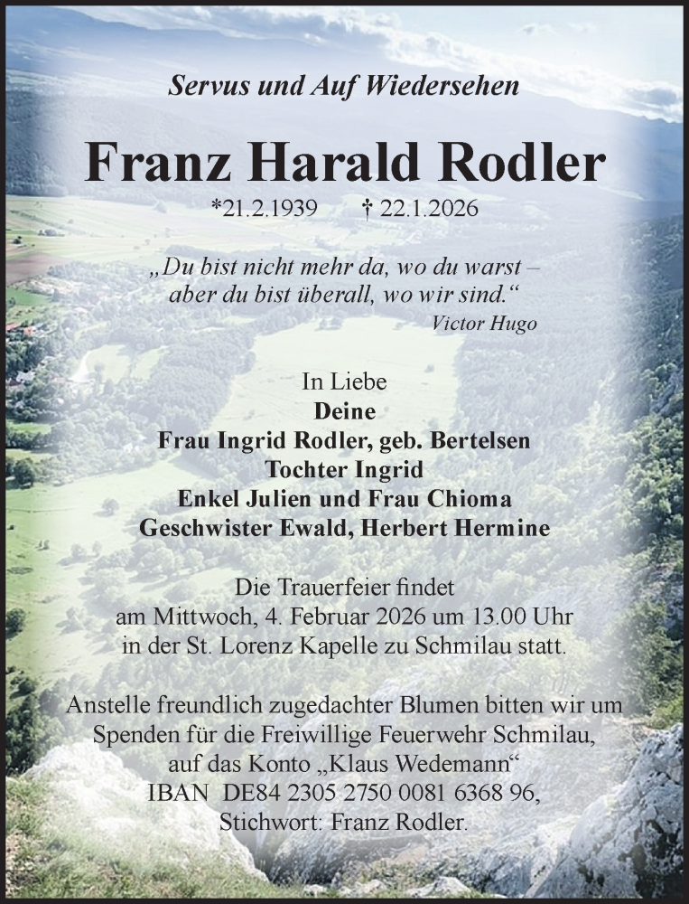  Traueranzeige für Franz Harald Rodler vom 31.01.2026 aus MARKT Ratzeburg/Mölln