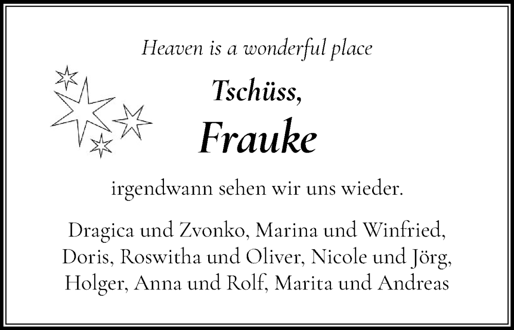  Traueranzeige für Frauke  vom 10.01.2026 aus Schleswig-Holsteinische Landeszeitung