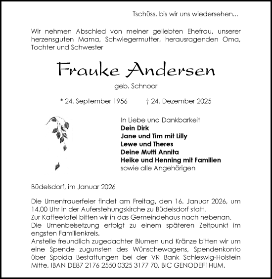 Traueranzeige von Frauke Andersen von Schleswig-Holsteinische Landeszeitung