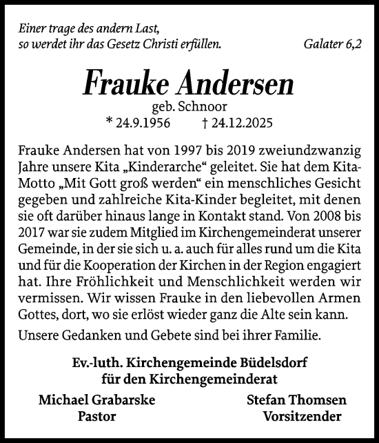 Traueranzeige von Frauke Andersen von Schleswig-Holsteinische Landeszeitung