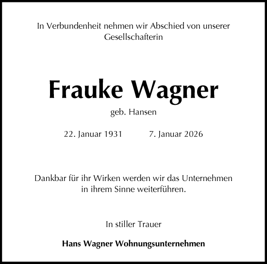 Traueranzeige von Frauke Wagner von Holsteinischer Courier