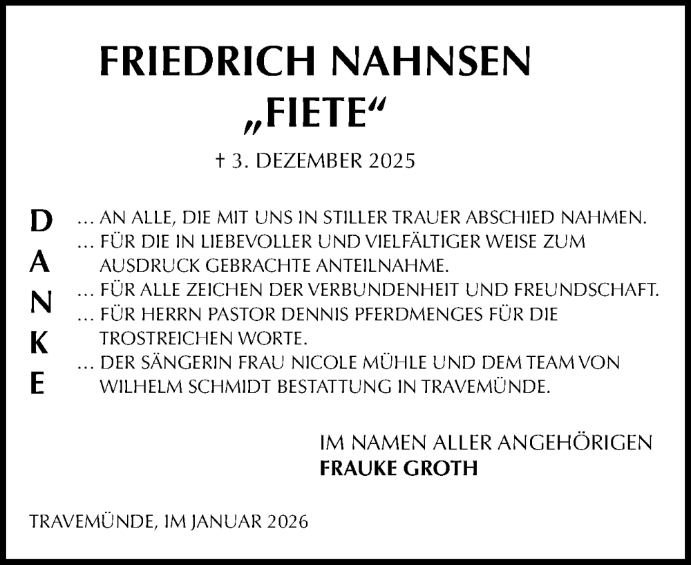  Traueranzeige für Friedrich Nahnsen vom 10.01.2026 aus Husumer Nachrichten, Nordfriesland Tageblatt