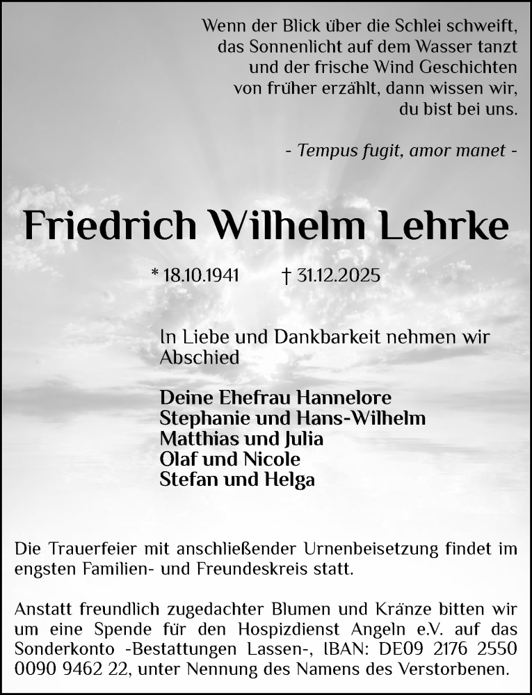  Traueranzeige für Friedrich Wilhelm Lehrke vom 17.01.2026 aus Schleswiger Nachrichten, Schlei-Bote