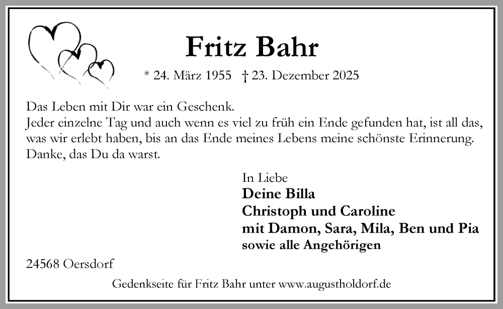  Traueranzeige für Fritz Bahr vom 10.01.2026 aus Umschau