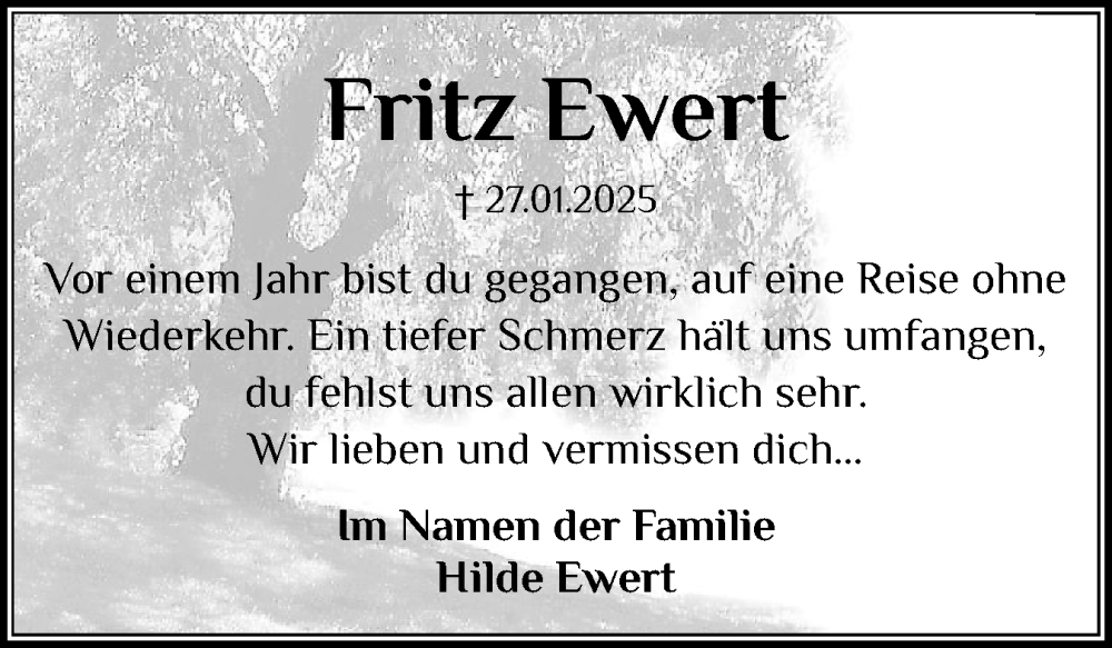  Traueranzeige für Fritz Ewert vom 31.01.2026 aus Holsteinischer Courier