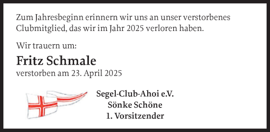 Traueranzeige von Fritz Schmale von Schleswiger Nachrichten, Schlei-Bote