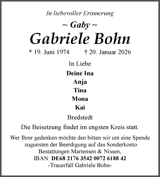 Traueranzeige von Gabriele Bohn von Husumer Nachrichten, Nordfriesland Tageblatt
