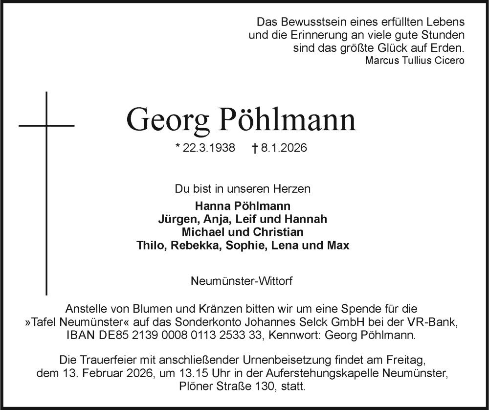  Traueranzeige für Georg Pöhlmann vom 31.01.2026 aus Holsteinischer Courier