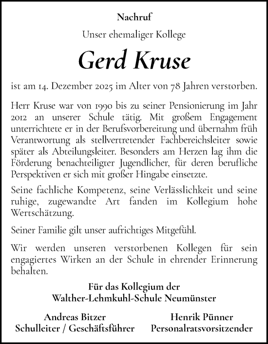 Traueranzeige von Gerd Kruse von Holsteinischer Courier